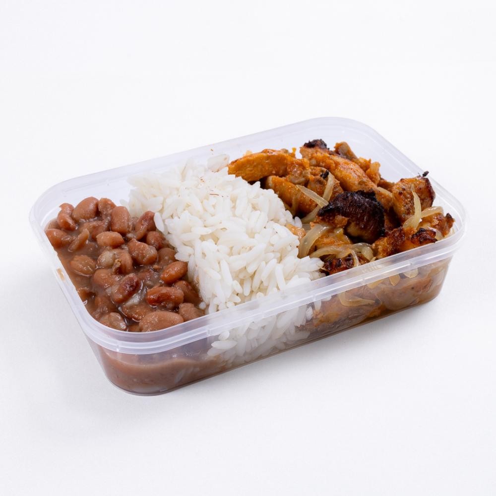 Marmita arroz e feijão carioca com iscas de frango acebolado 350g