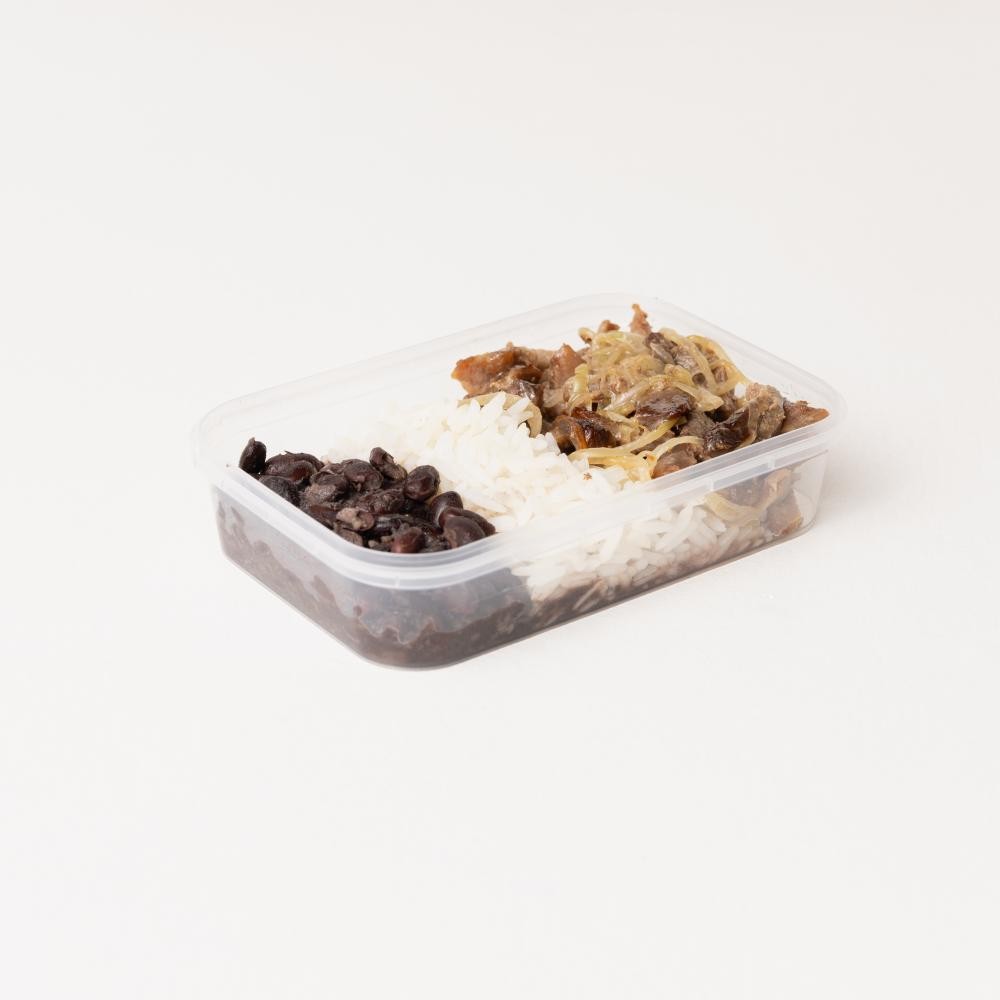 Marmita arroz e feijão com iscas de carne acebolada 250g