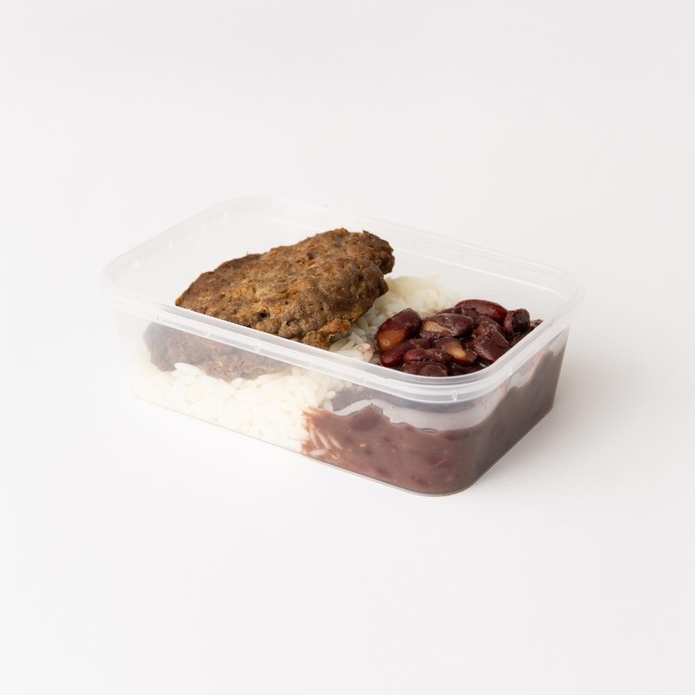 Marmita arroz e feijão vermelho com hamburguer de carne 350g