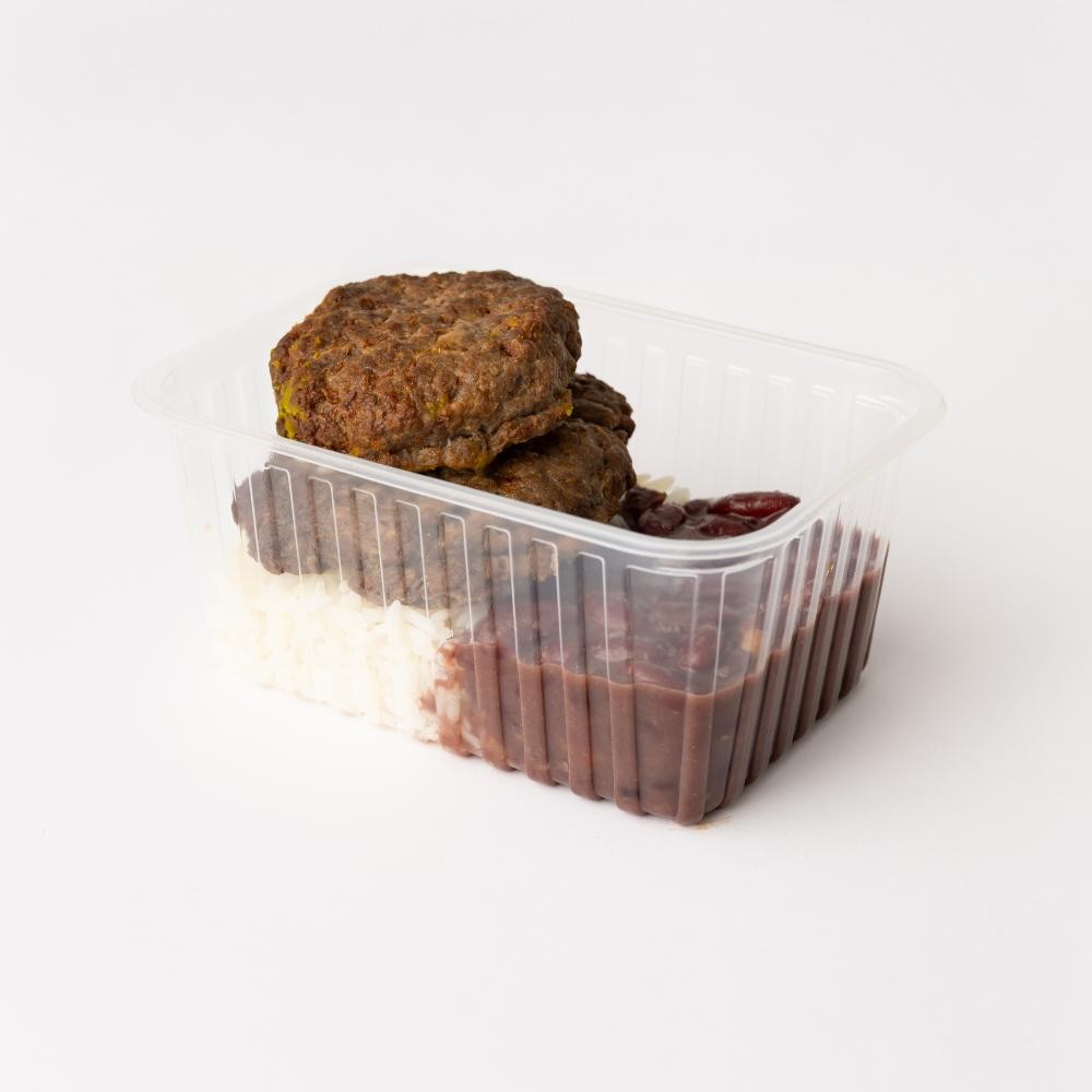 Marmita arroz e feijão vermelho com hamburguer de carne 500g