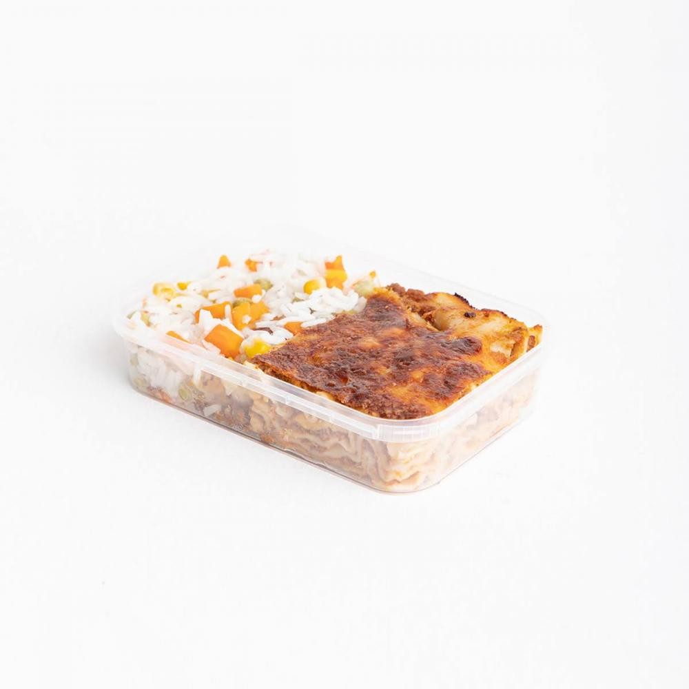 Marmita lasanha de carne e molho branco com arroz 250g